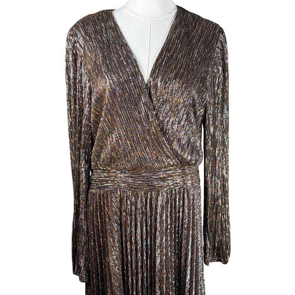 Halogen Metallic Pleated Maxi Dress XL Bronze Silver Wrap V-Neck HA309028MI